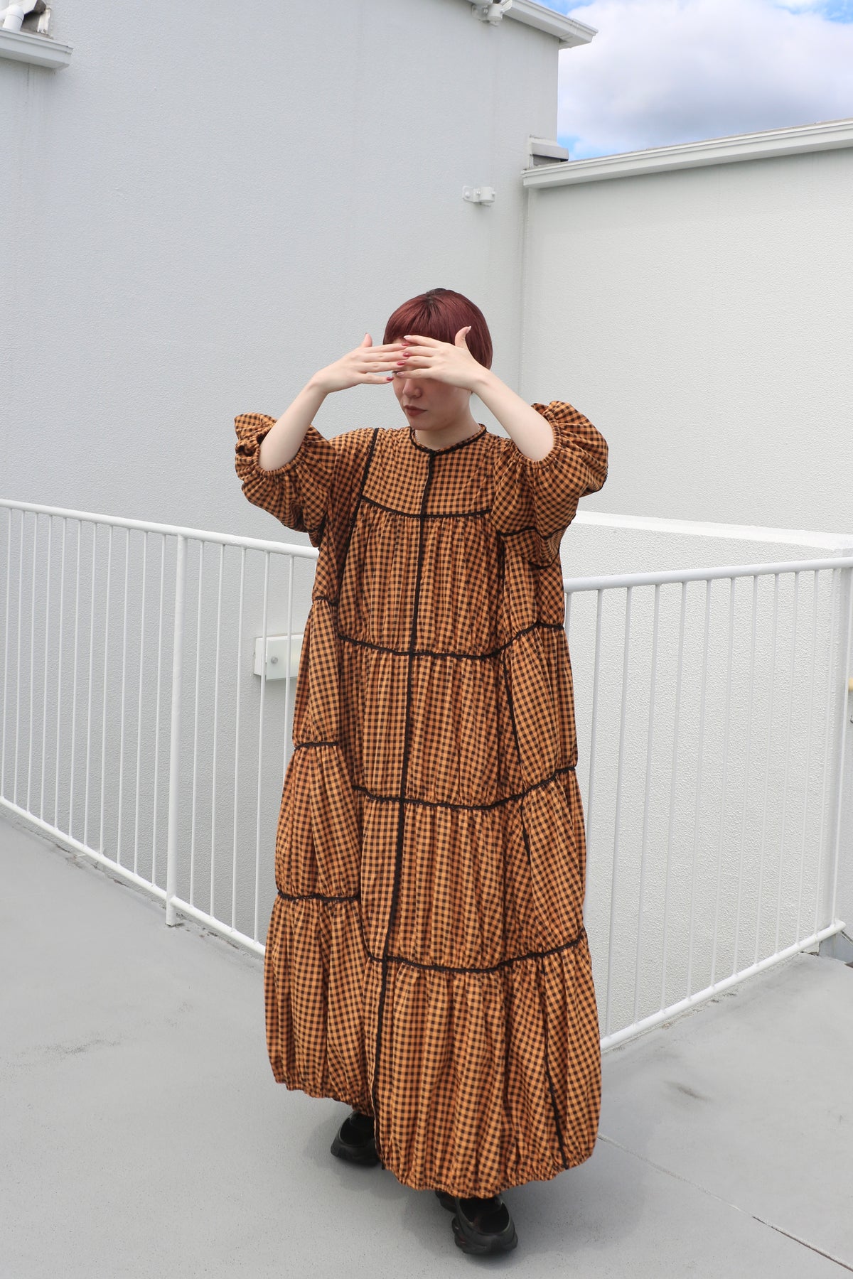 gingham patchwork volume onepiece – orange × black