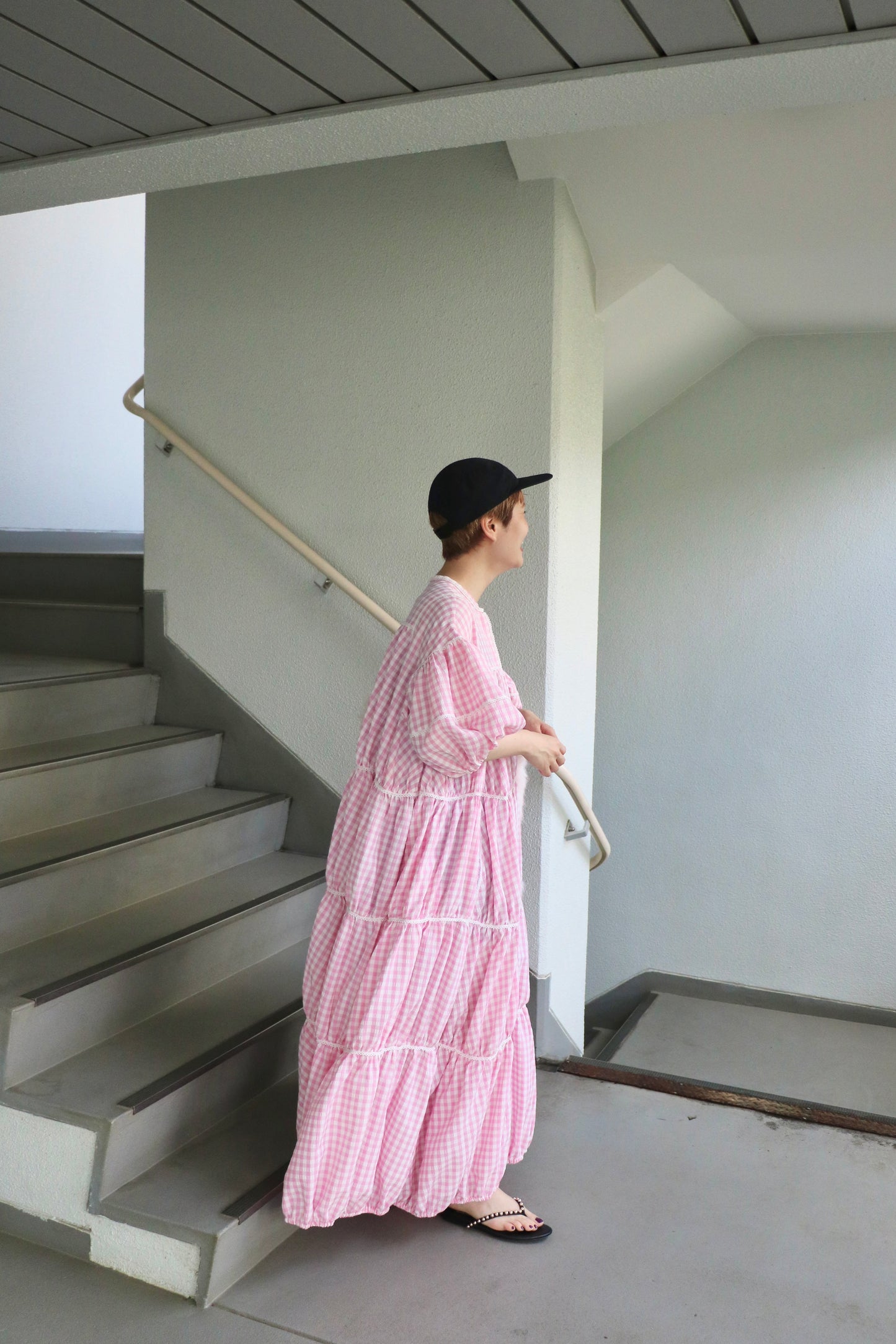 gingham patchwork volume onepiece – pink × white
