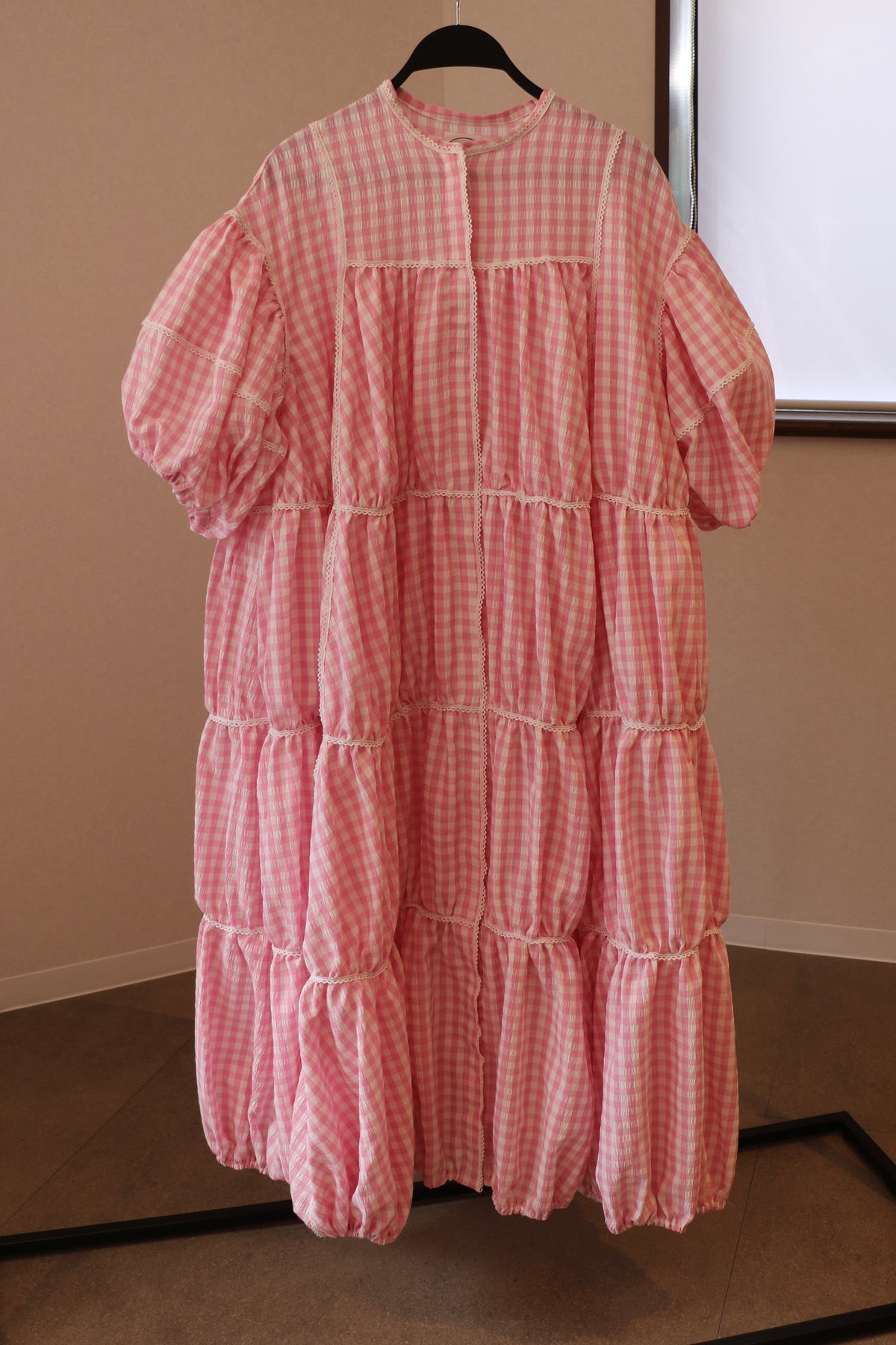 gingham patchwork volume onepiece – pink × white