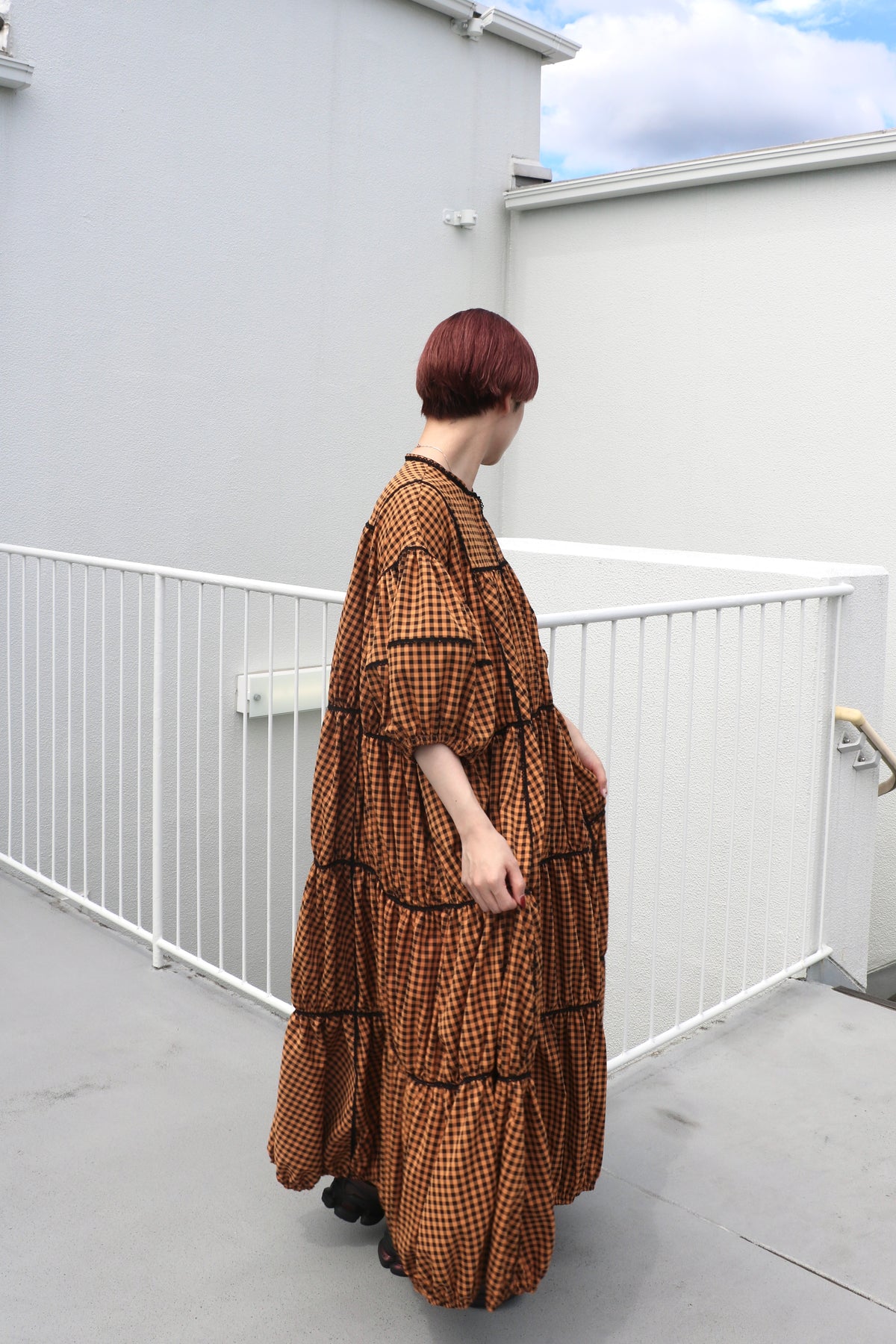 gingham patchwork volume onepiece – orange × black