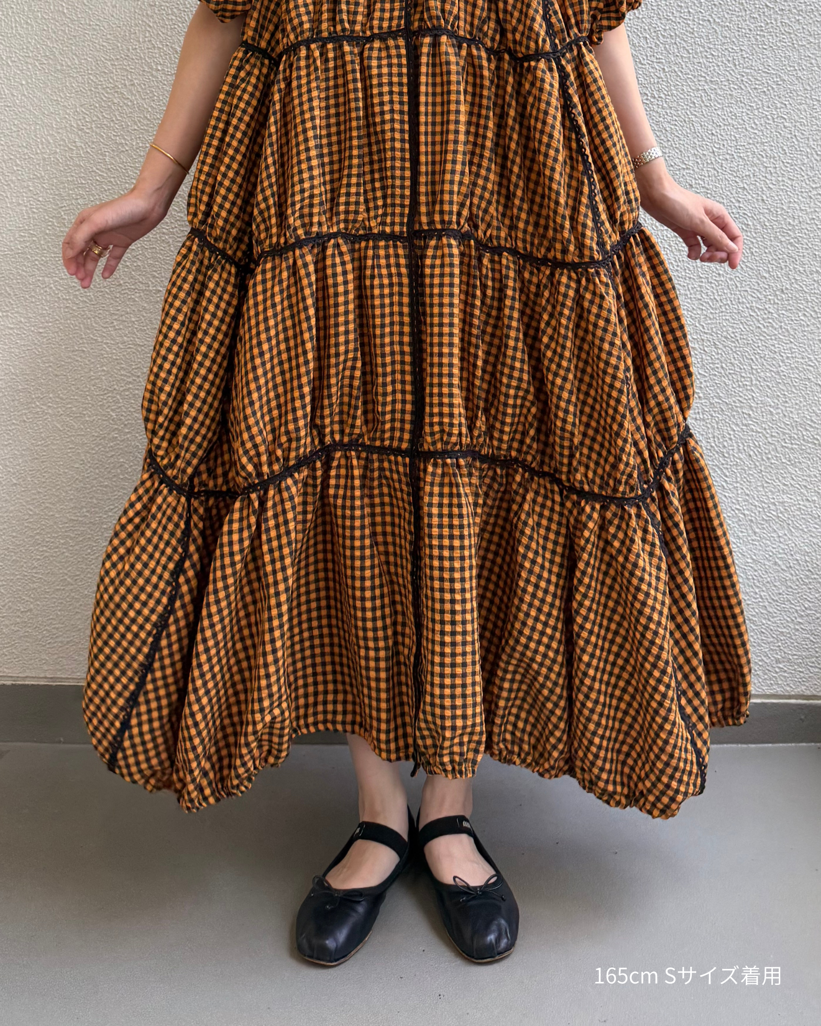gingham patchwork volume onepiece – orange × black – mut gingham patchwork volume onepiece – orange × black – mut