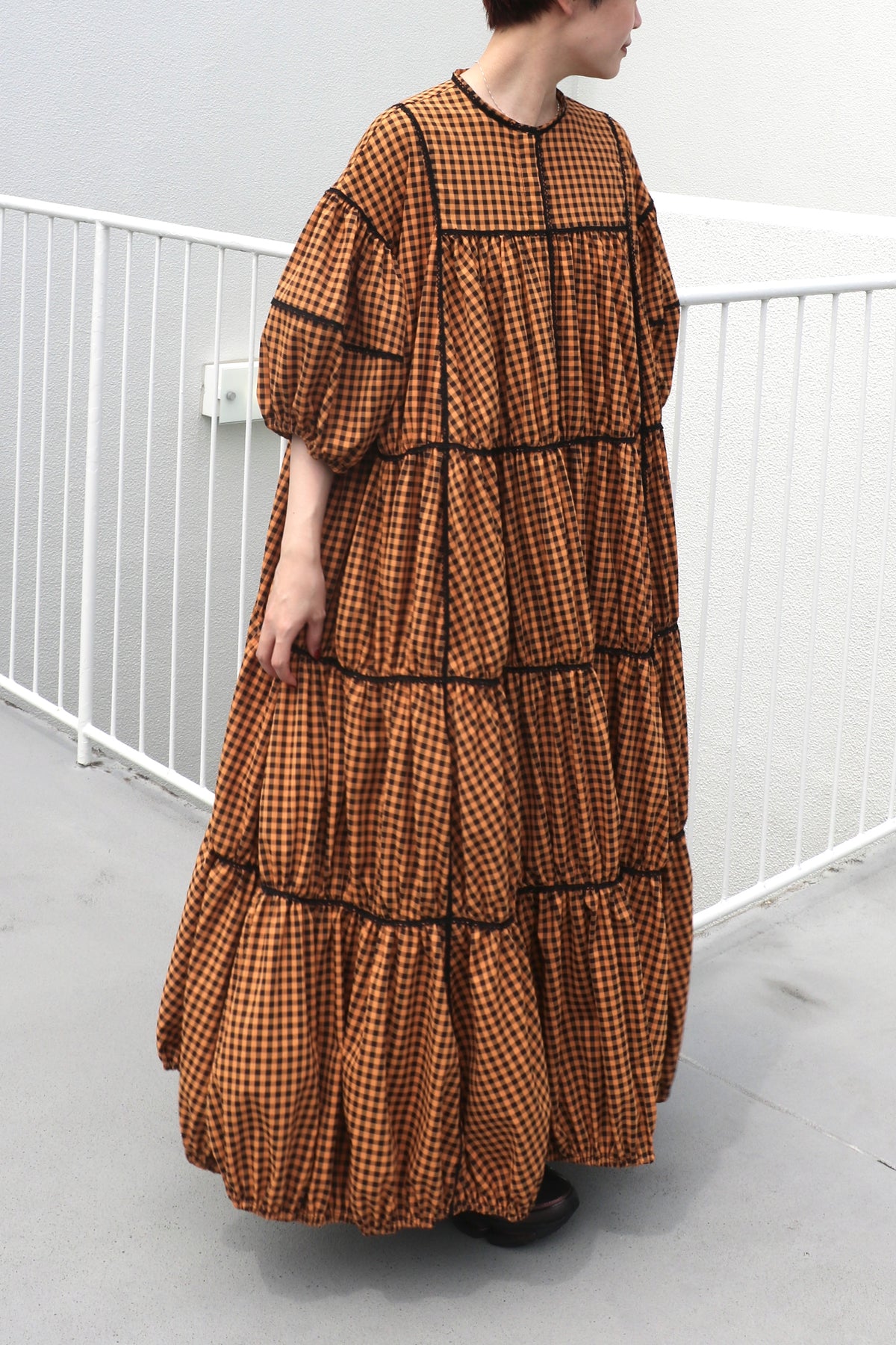 gingham patchwork volume onepiece – orange × black