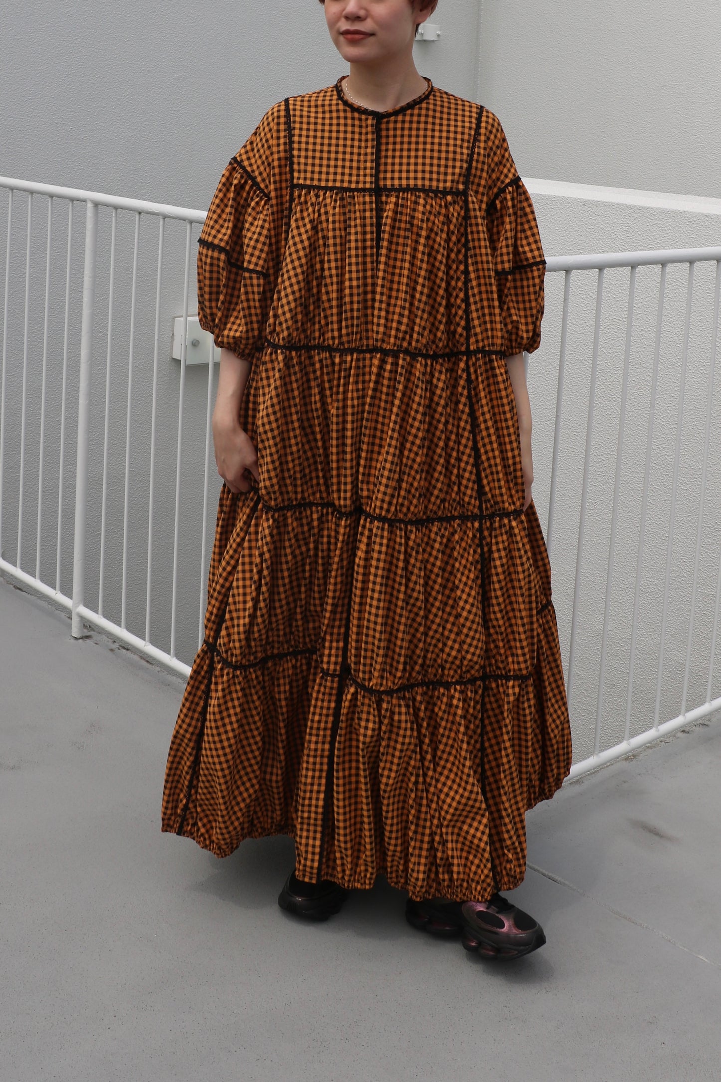 gingham patchwork volume onepiece – orange × black