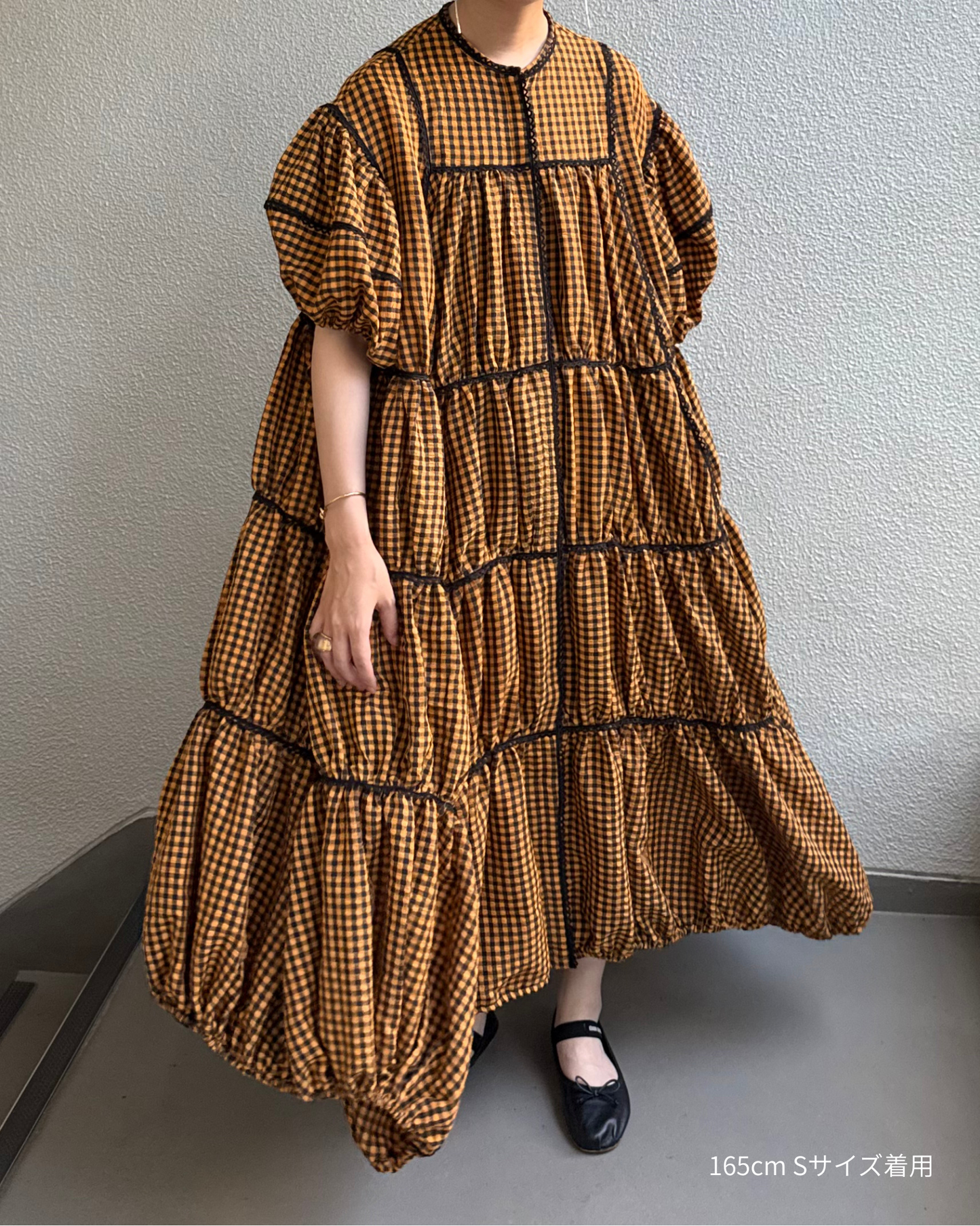 gingham patchwork volume onepiece – orange × black