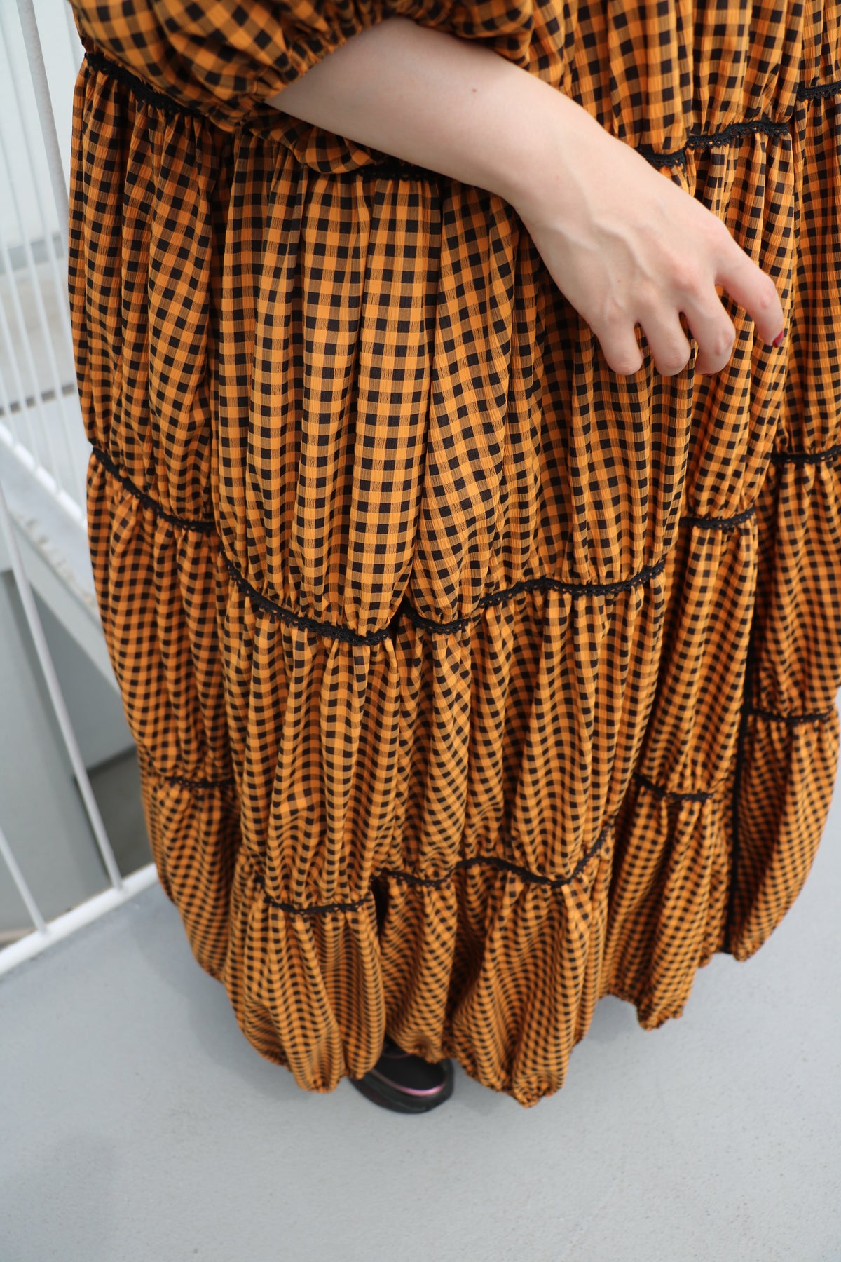 gingham patchwork volume onepiece – orange × black