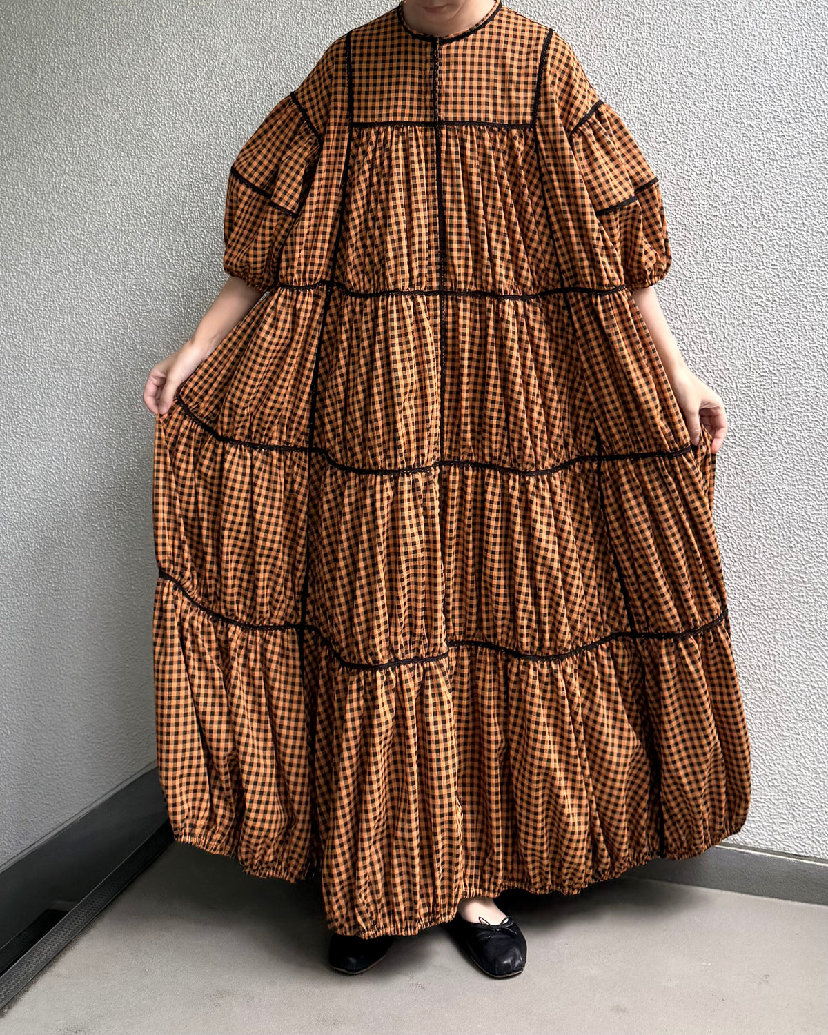 gingham patchwork volume onepiece – orange × black
