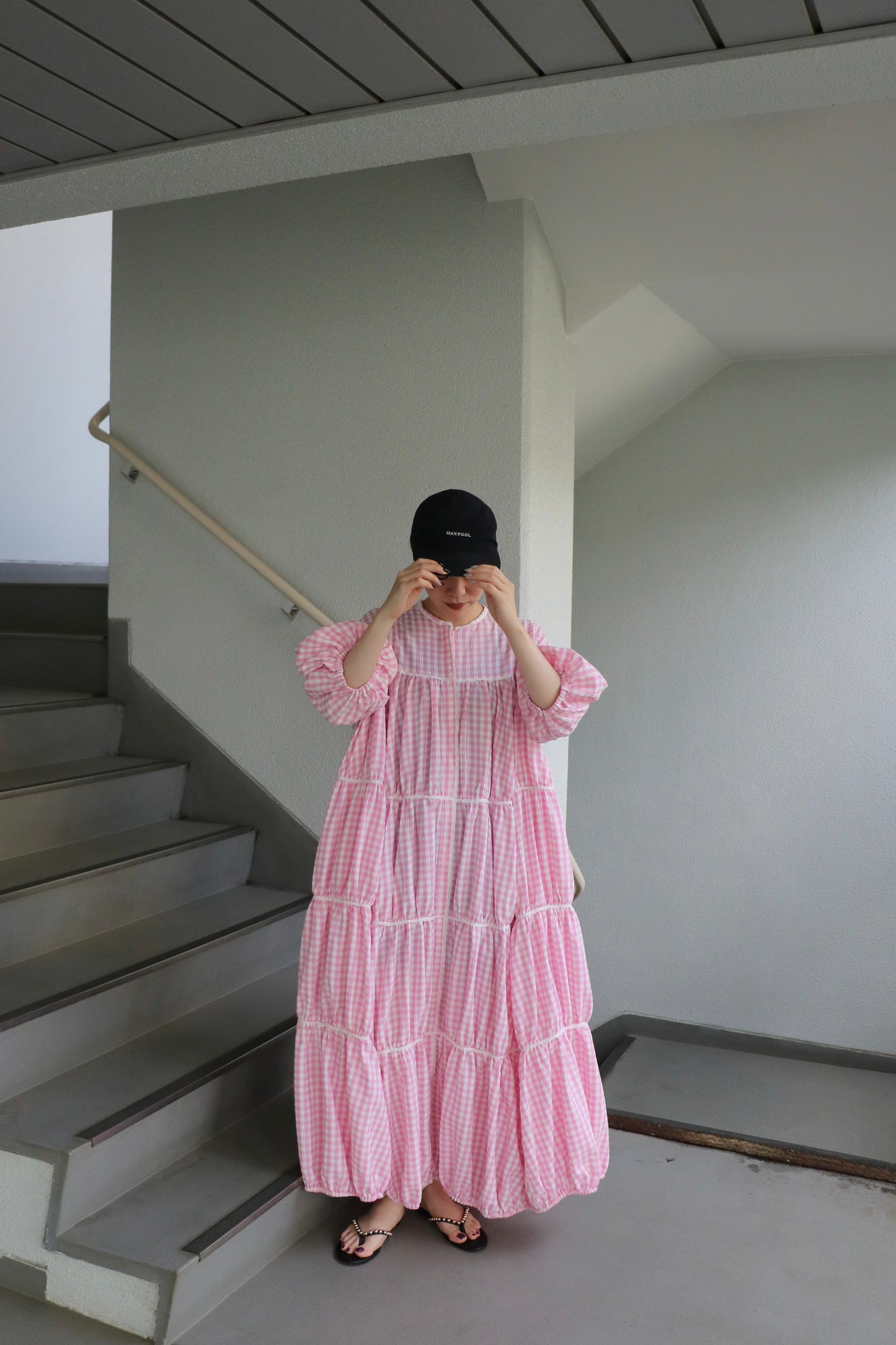 gingham patchwork volume onepiece – pink × white
