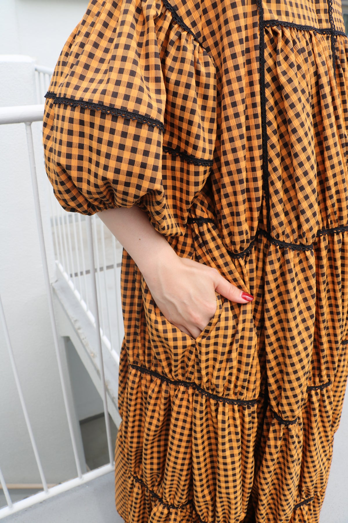 gingham patchwork volume onepiece – orange × black