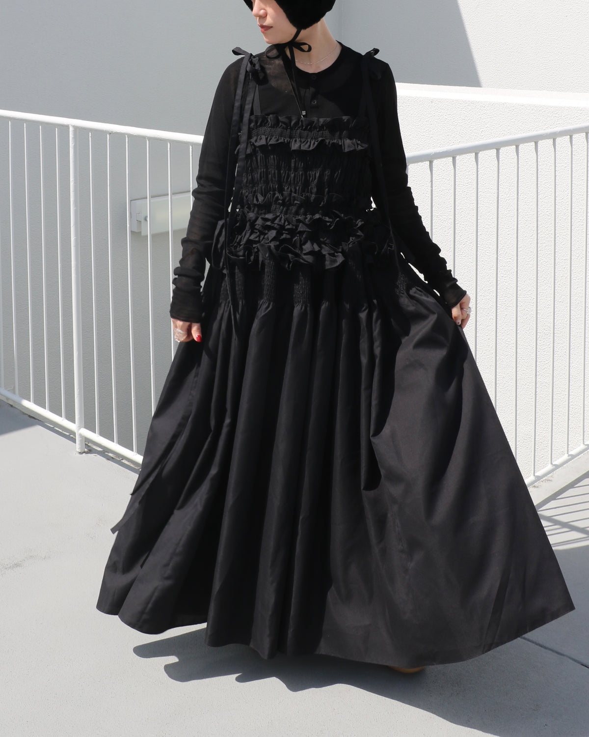 cami ribbon frill onepiece - black