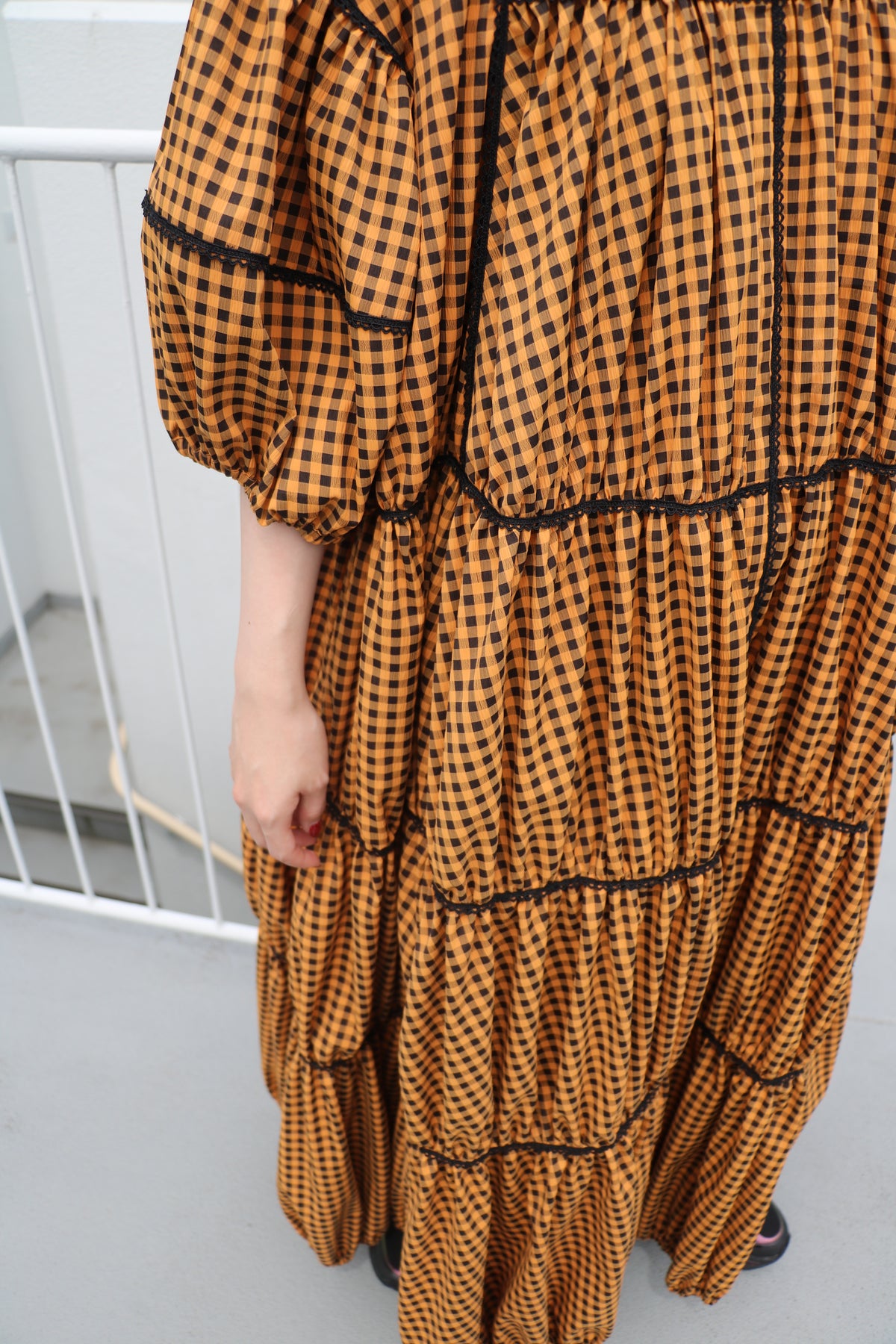 gingham patchwork volume onepiece – orange × black