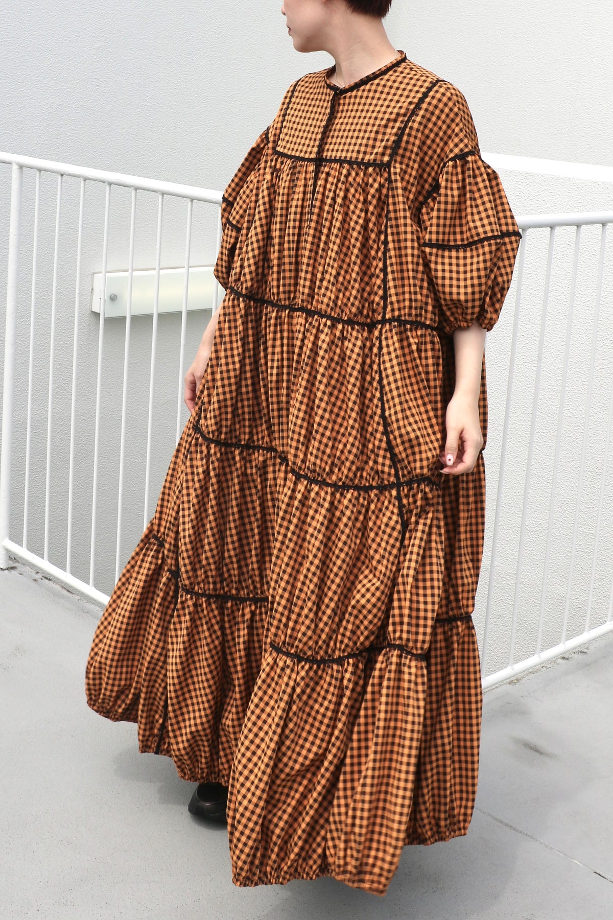 gingham patchwork volume onepiece – orange × black