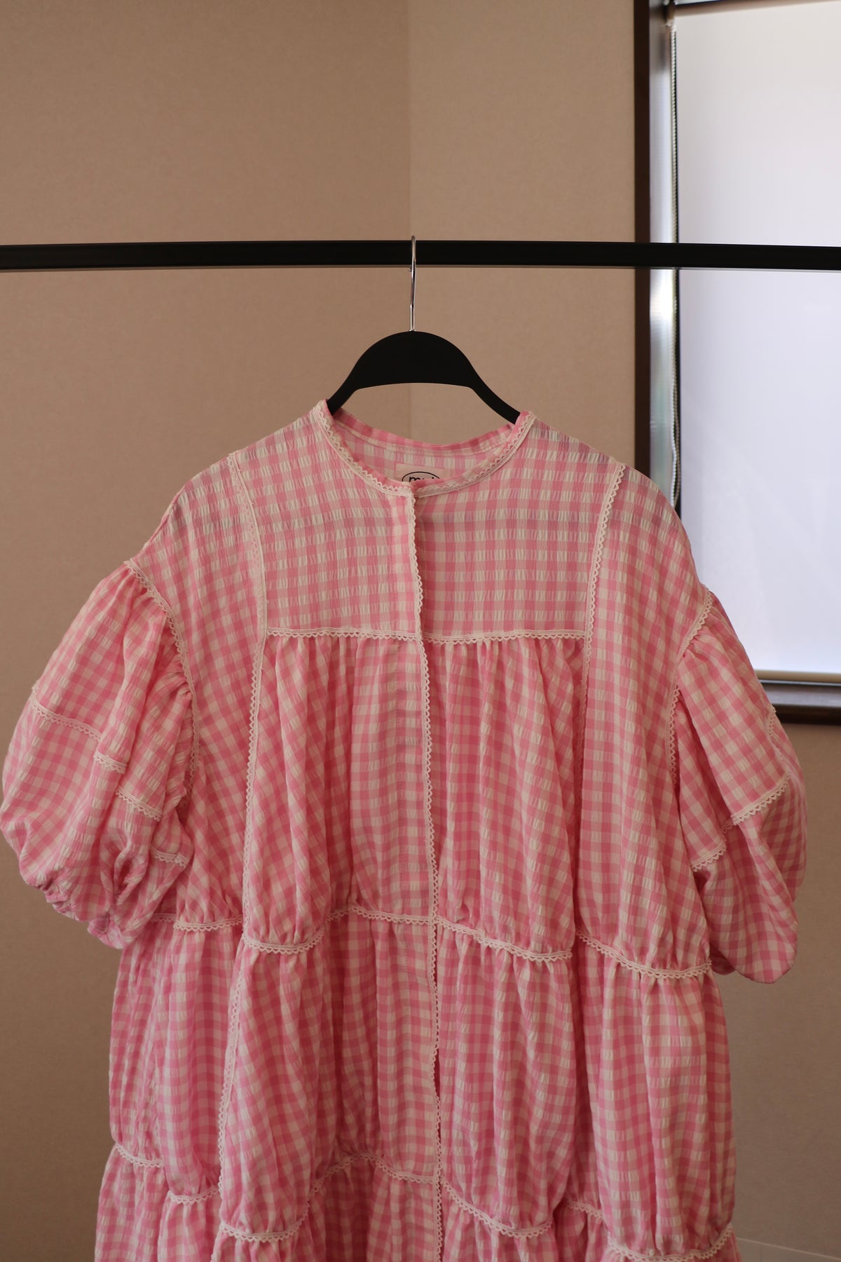 gingham patchwork volume onepiece – pink × white