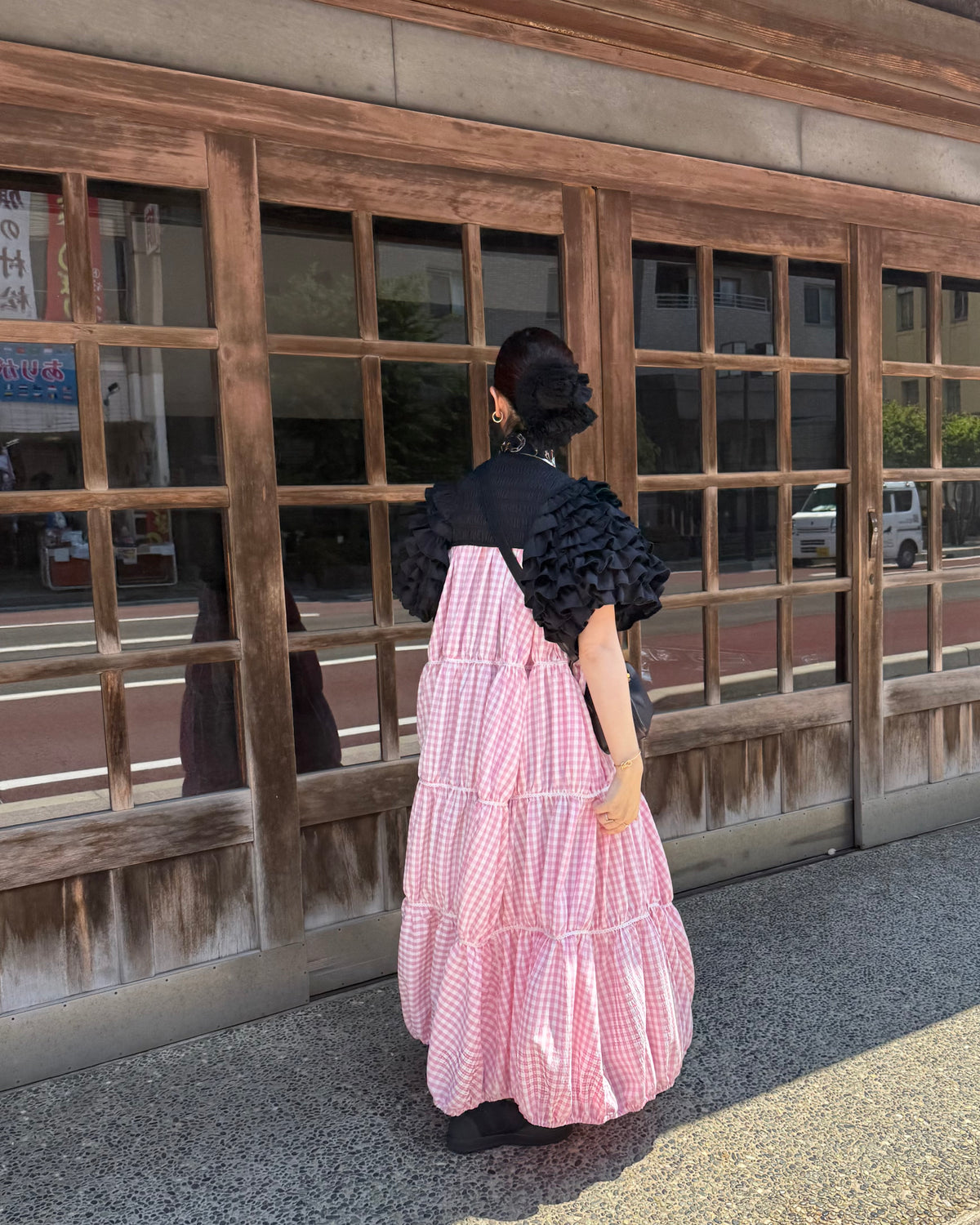 gingham patchwork volume onepiece – pink × white