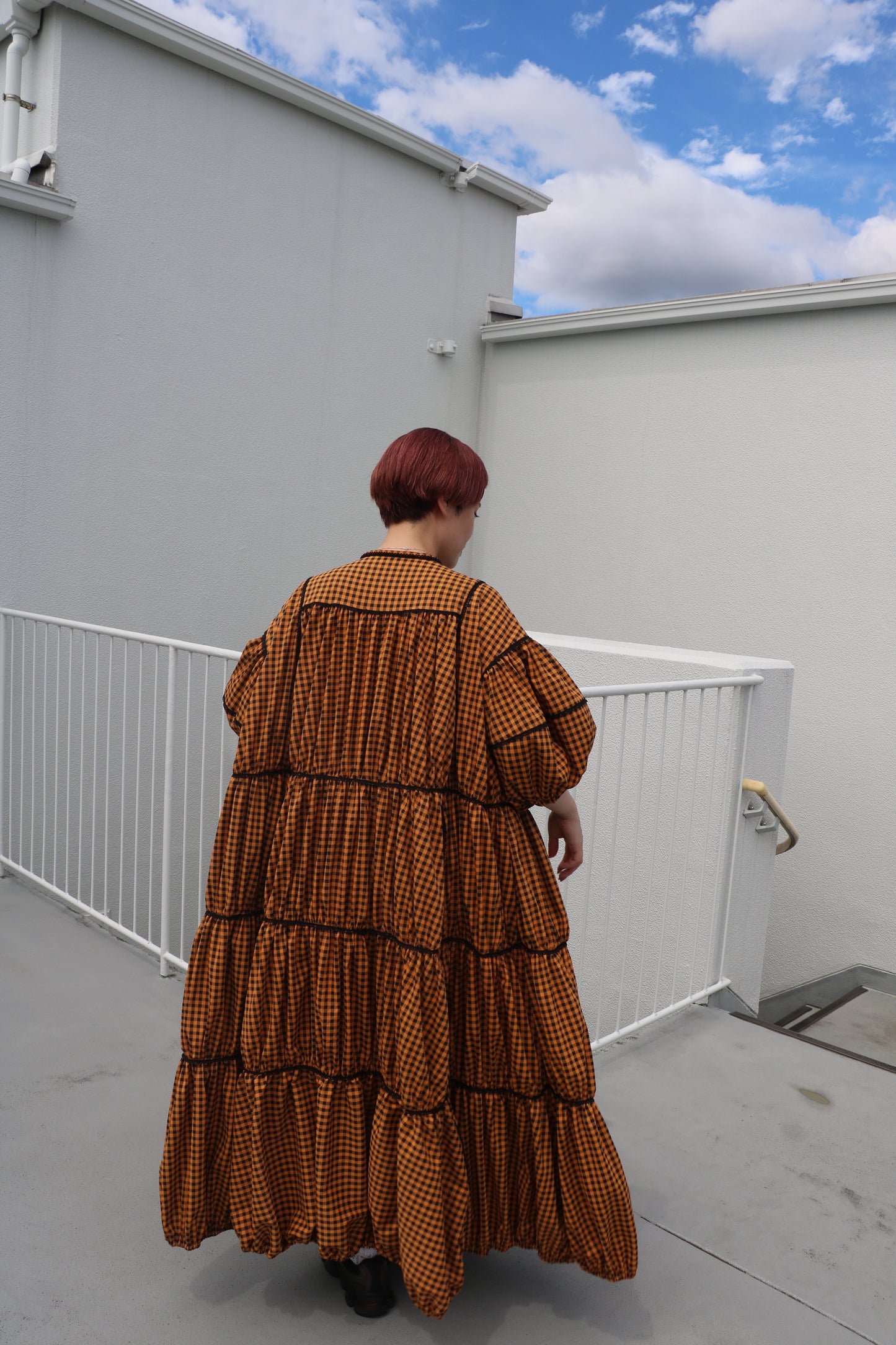 gingham patchwork volume onepiece – orange × black