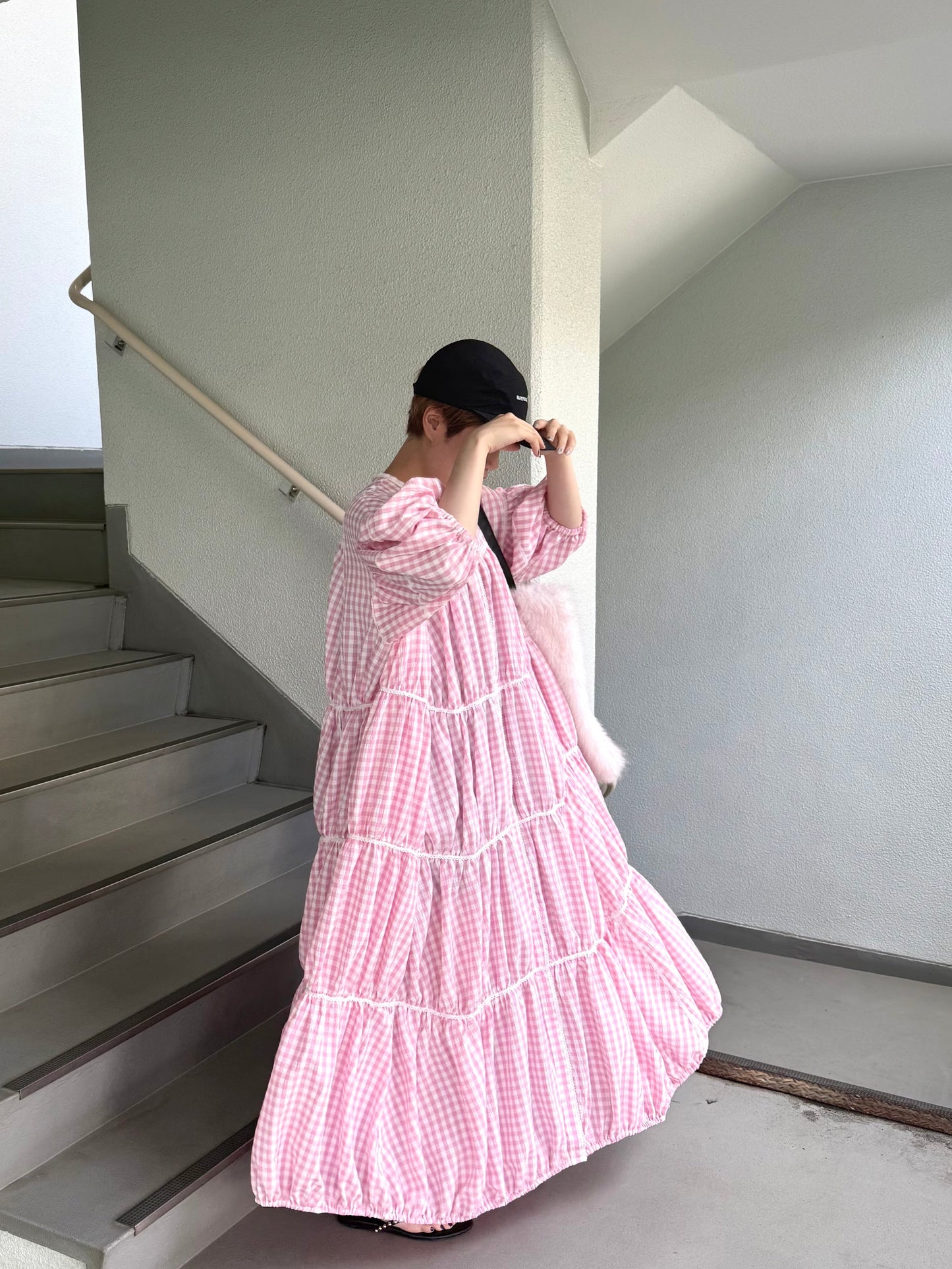 gingham patchwork volume onepiece – pink × white