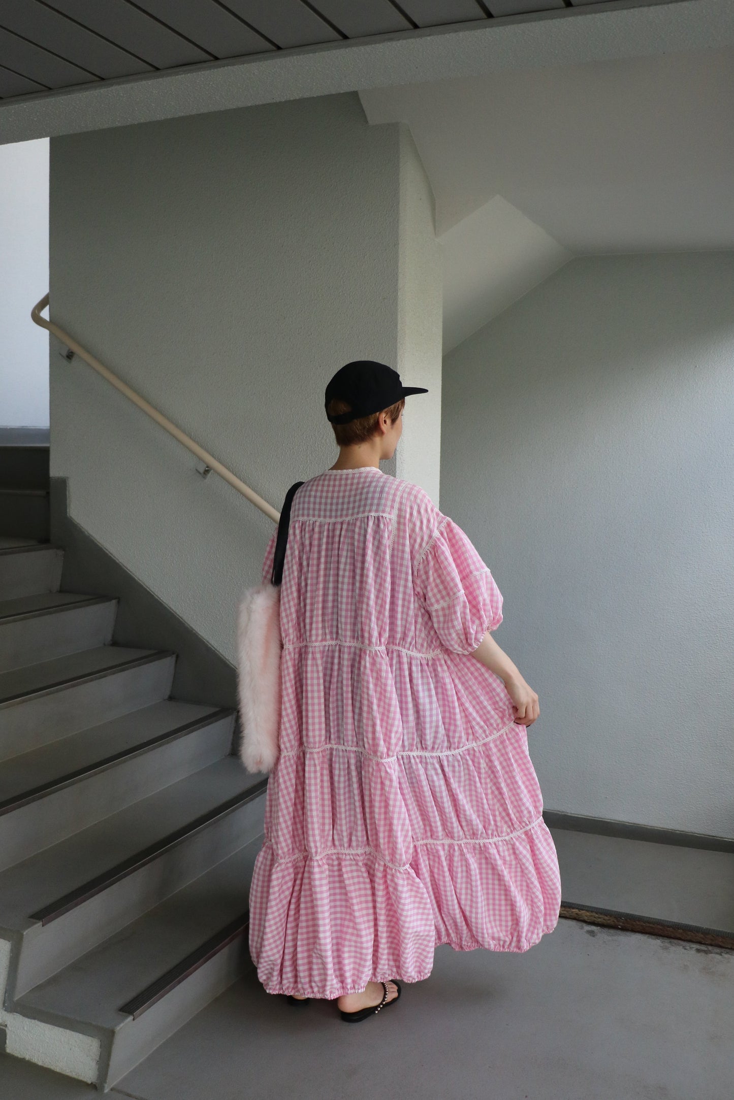 gingham patchwork volume onepiece – pink × white