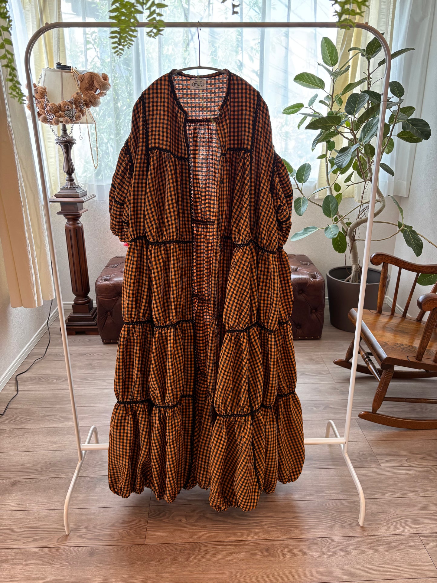 [予約] gingham patchwork volume onepiece – orange × black