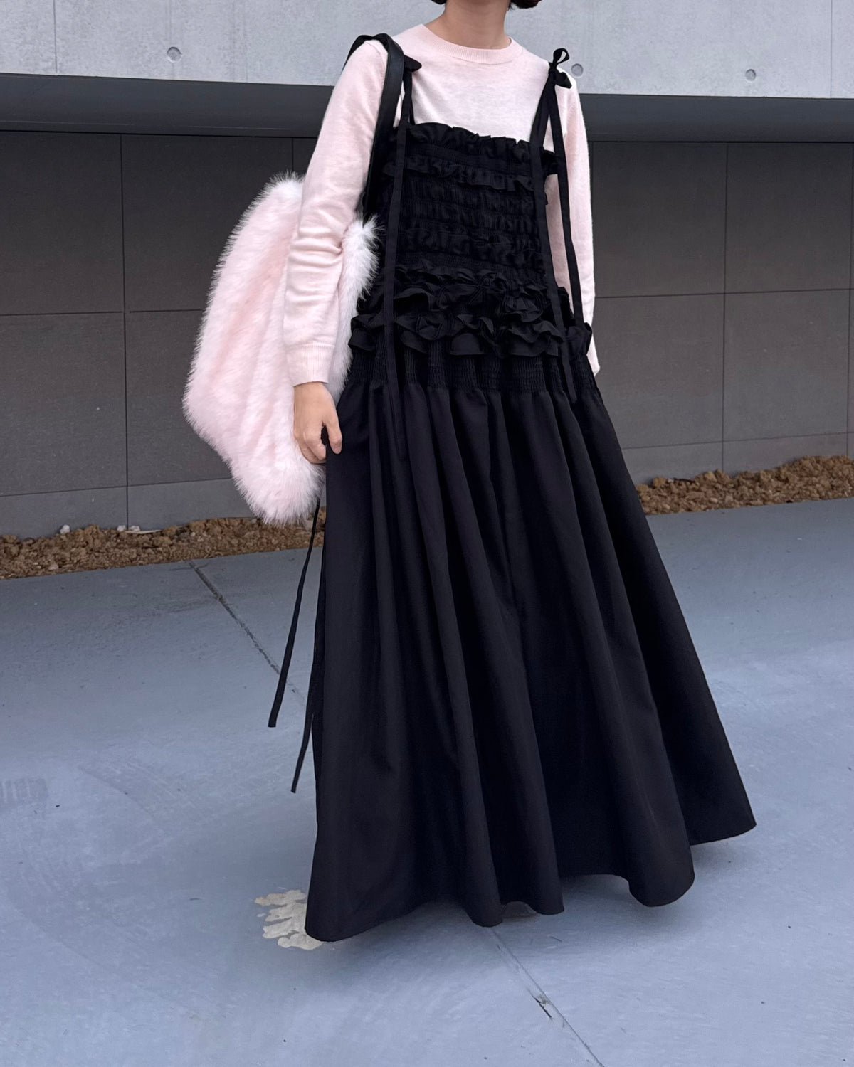 cami ribbon frill onepiece - black