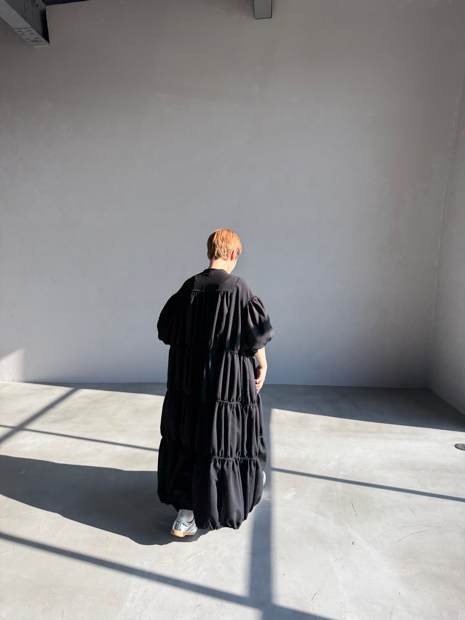 ginghamless patchwork volume onepiece – black