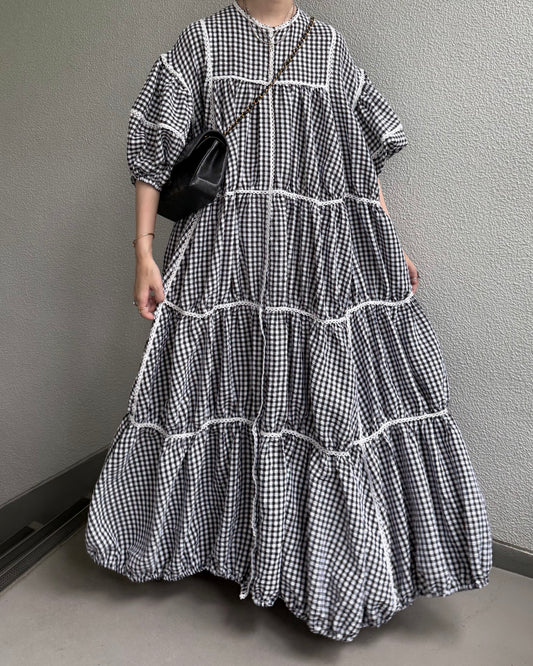 [予約] gingham patchwork volume onepiece – white × black