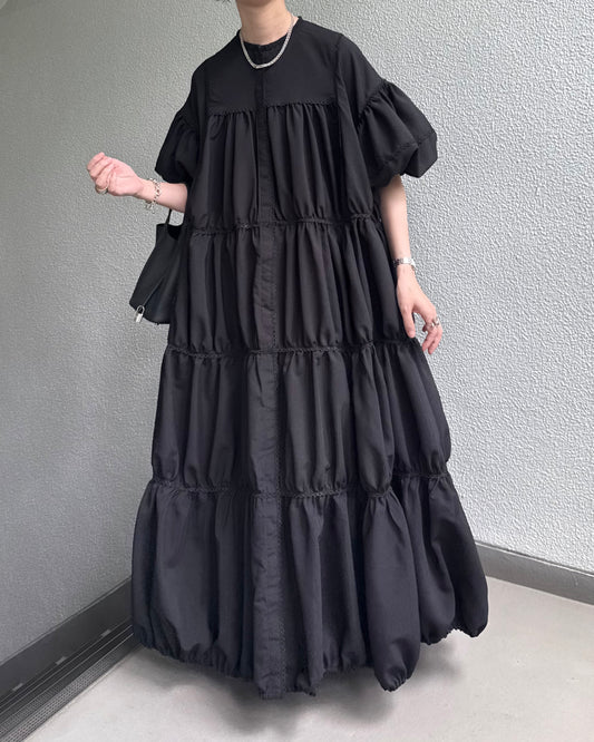 [予約] ginghamless patchwork volume onepiece – black