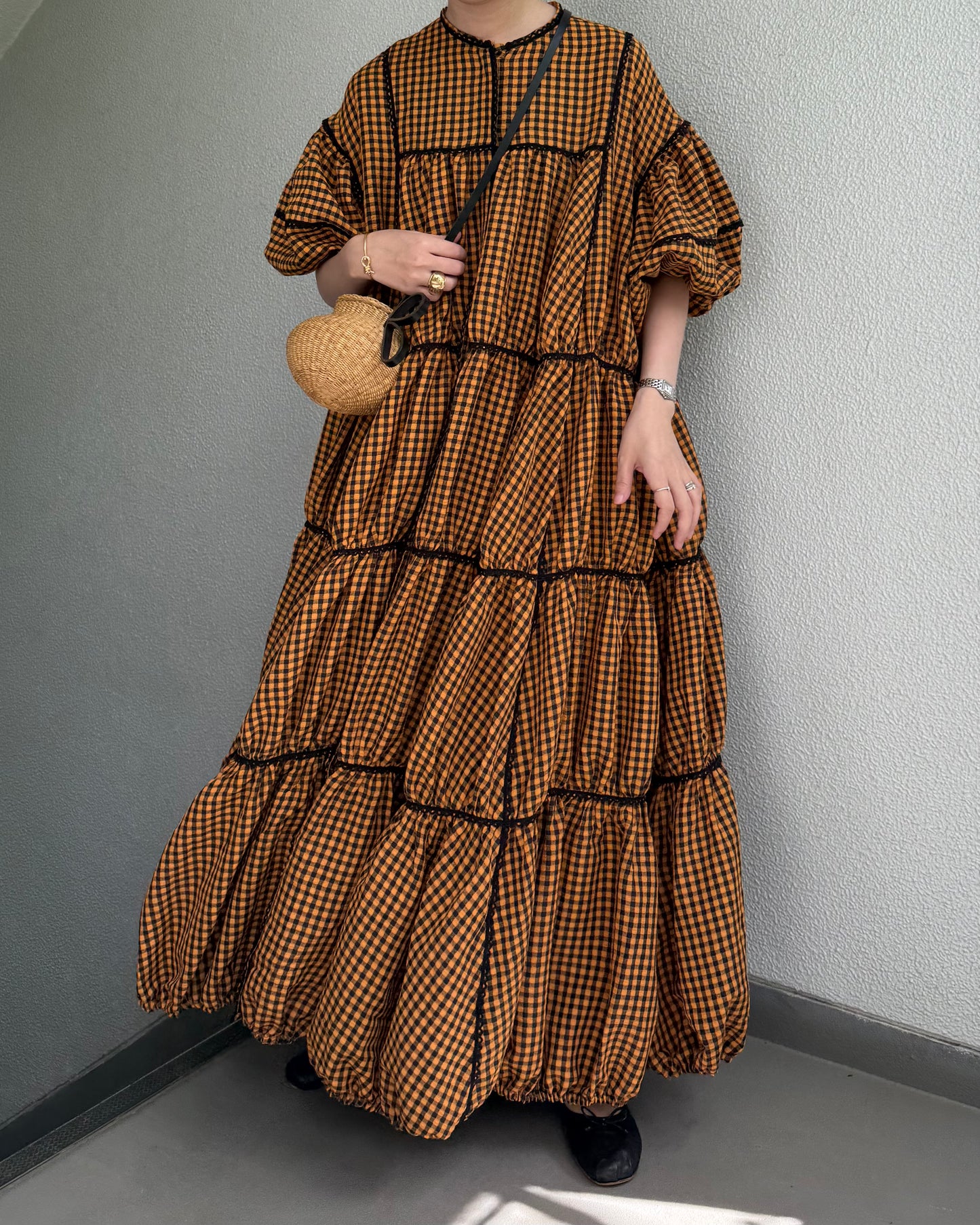 [予約] gingham patchwork volume onepiece – orange × black