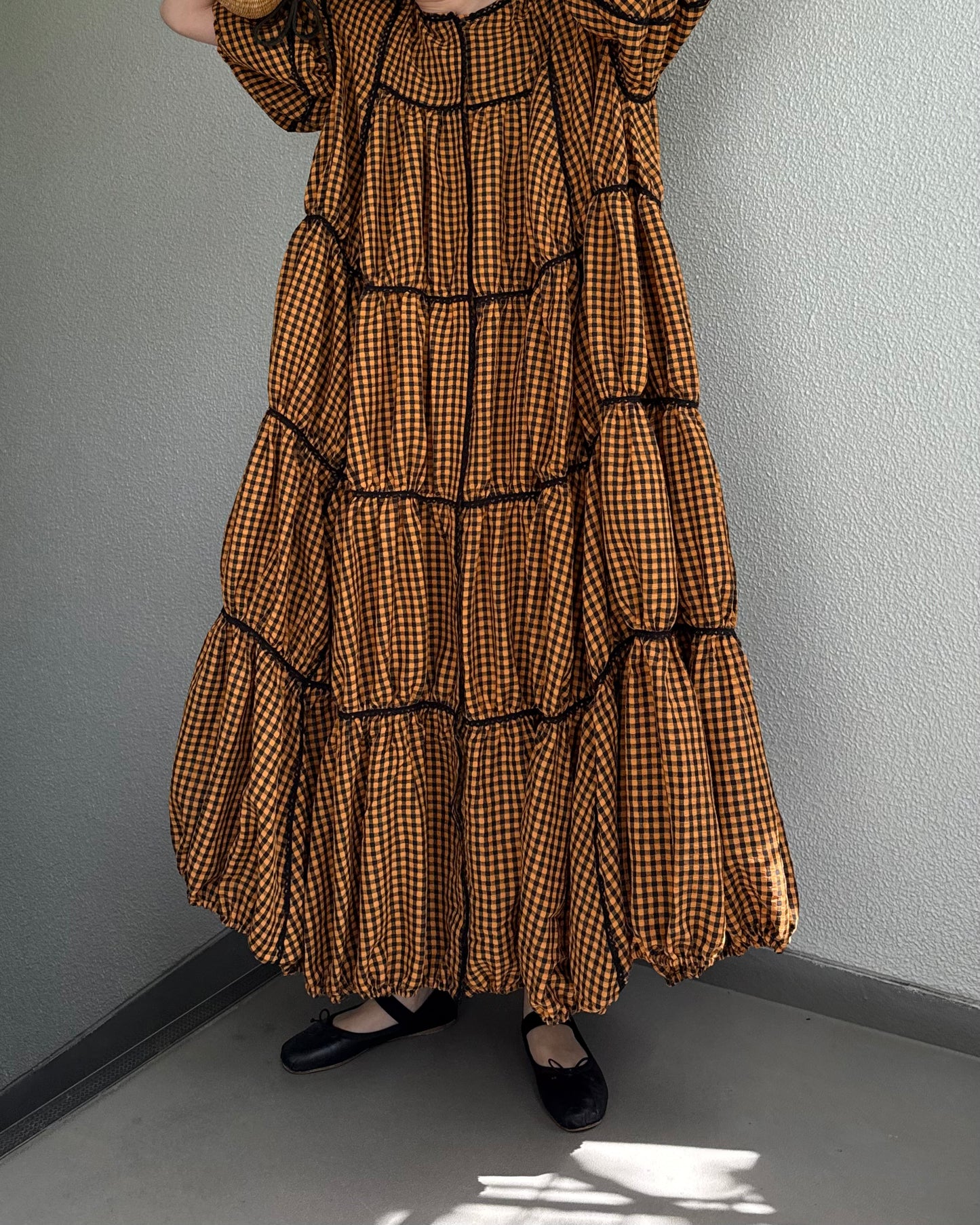 [予約] gingham patchwork volume onepiece – orange × black
