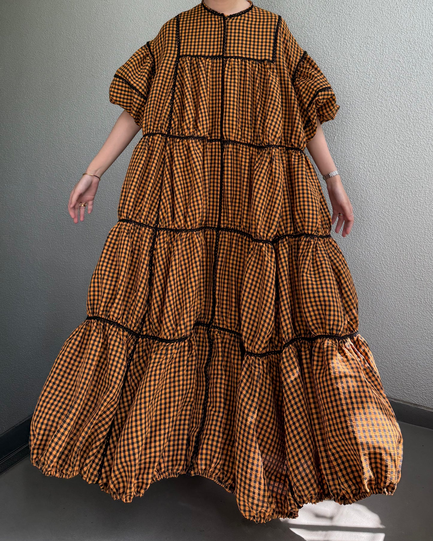 [予約] gingham patchwork volume onepiece – orange × black