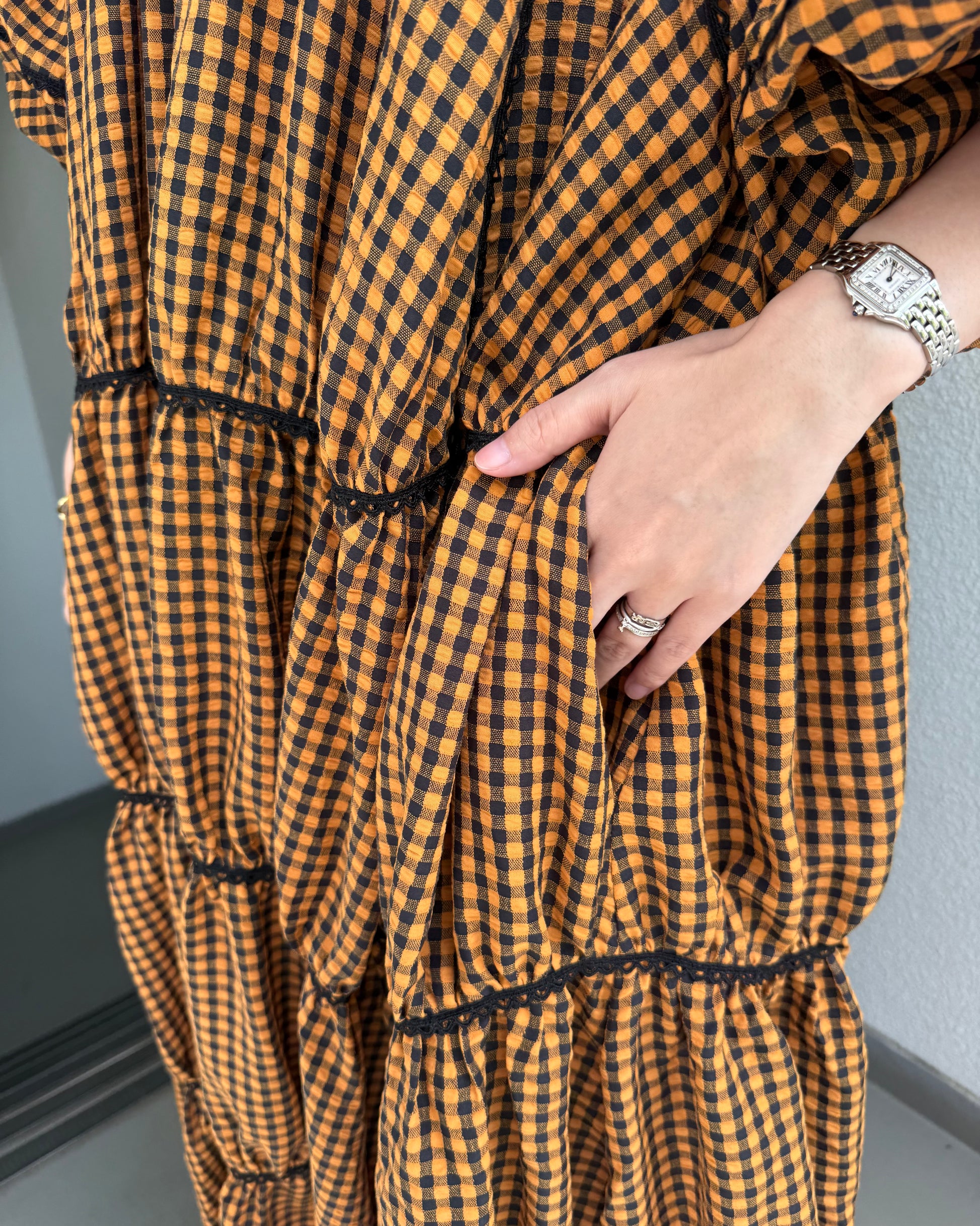 gingham patchwork volume onepiece – orange × black – mut gingham patchwork volume onepiece – orange × black – mut