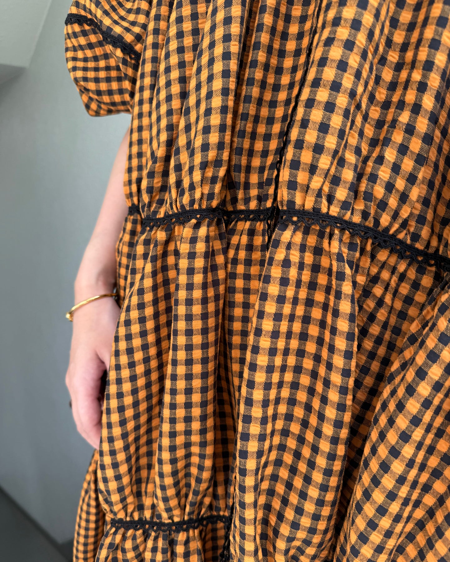 [予約] gingham patchwork volume onepiece – orange × black