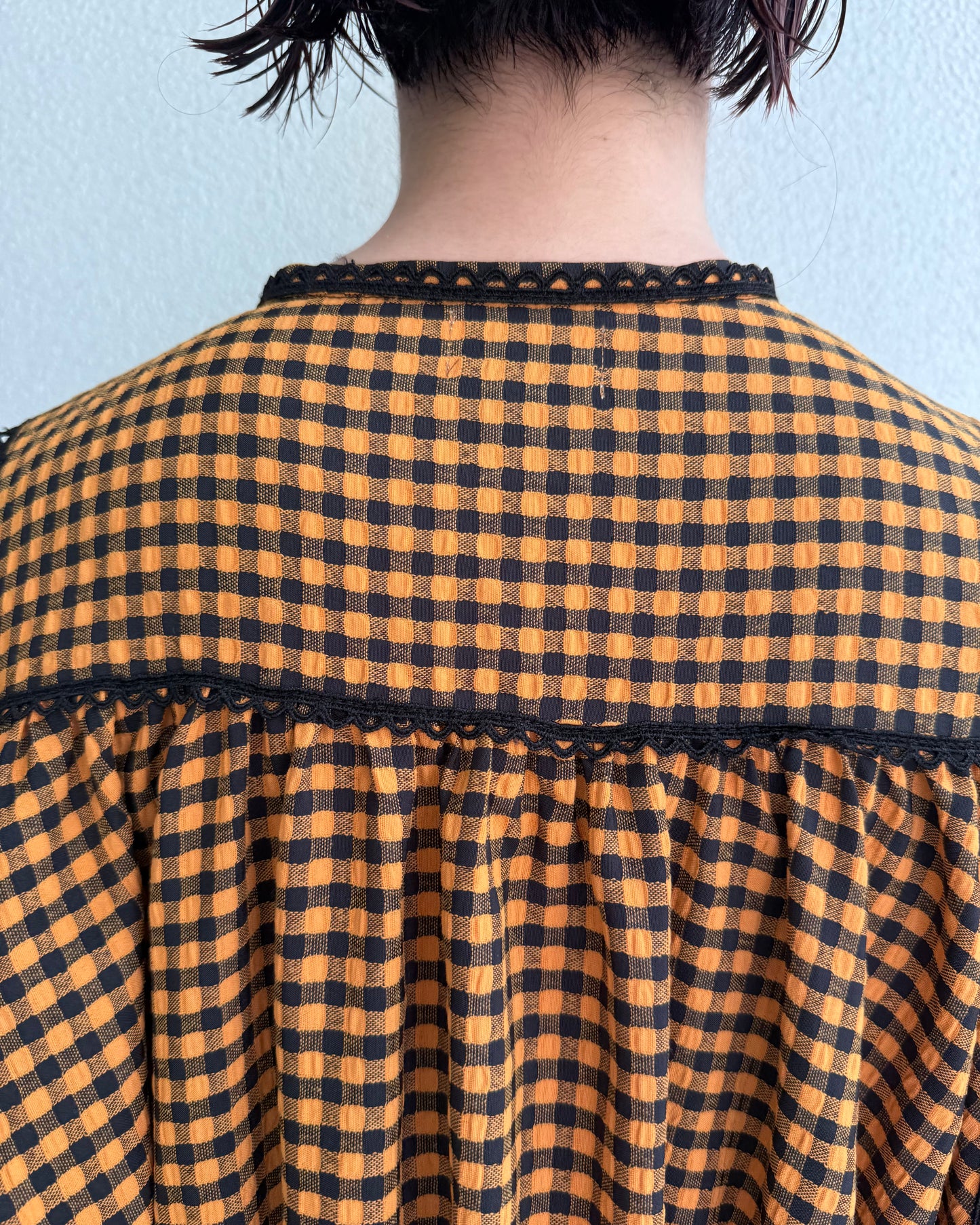 [予約] gingham patchwork volume onepiece – orange × black