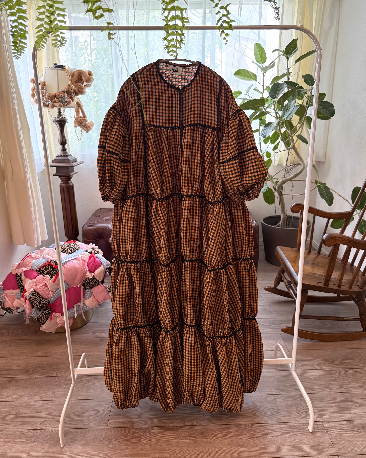 [予約] gingham patchwork volume onepiece – orange × black
