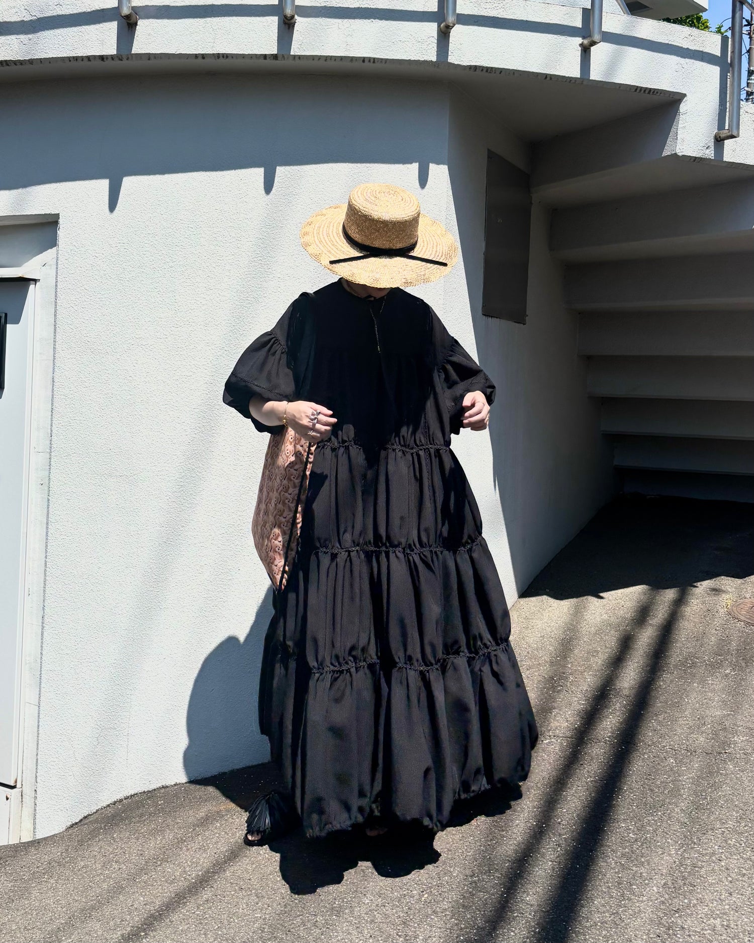 ginghamless patchwork volume onepiece – black