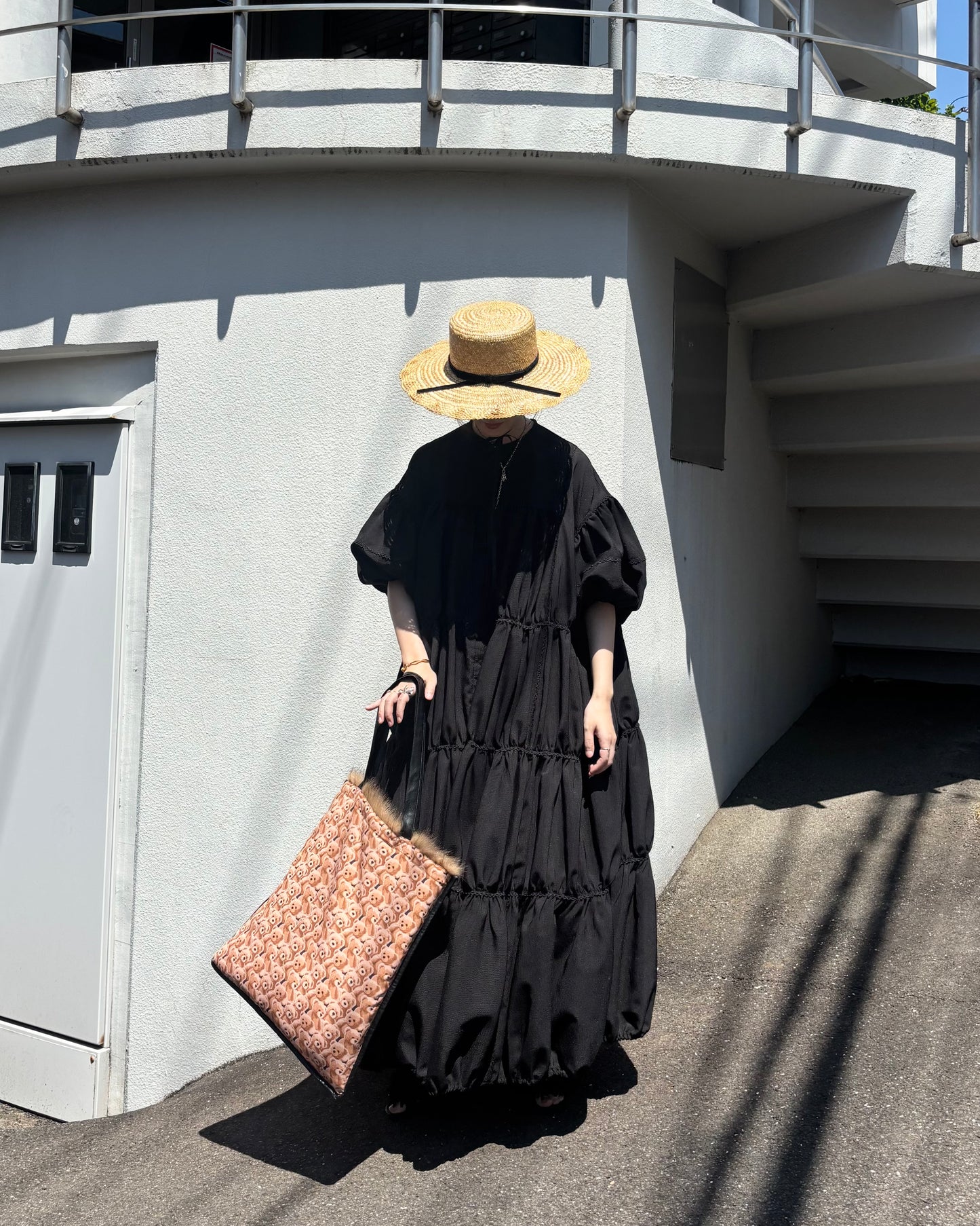 ginghamless patchwork volume onepiece – black