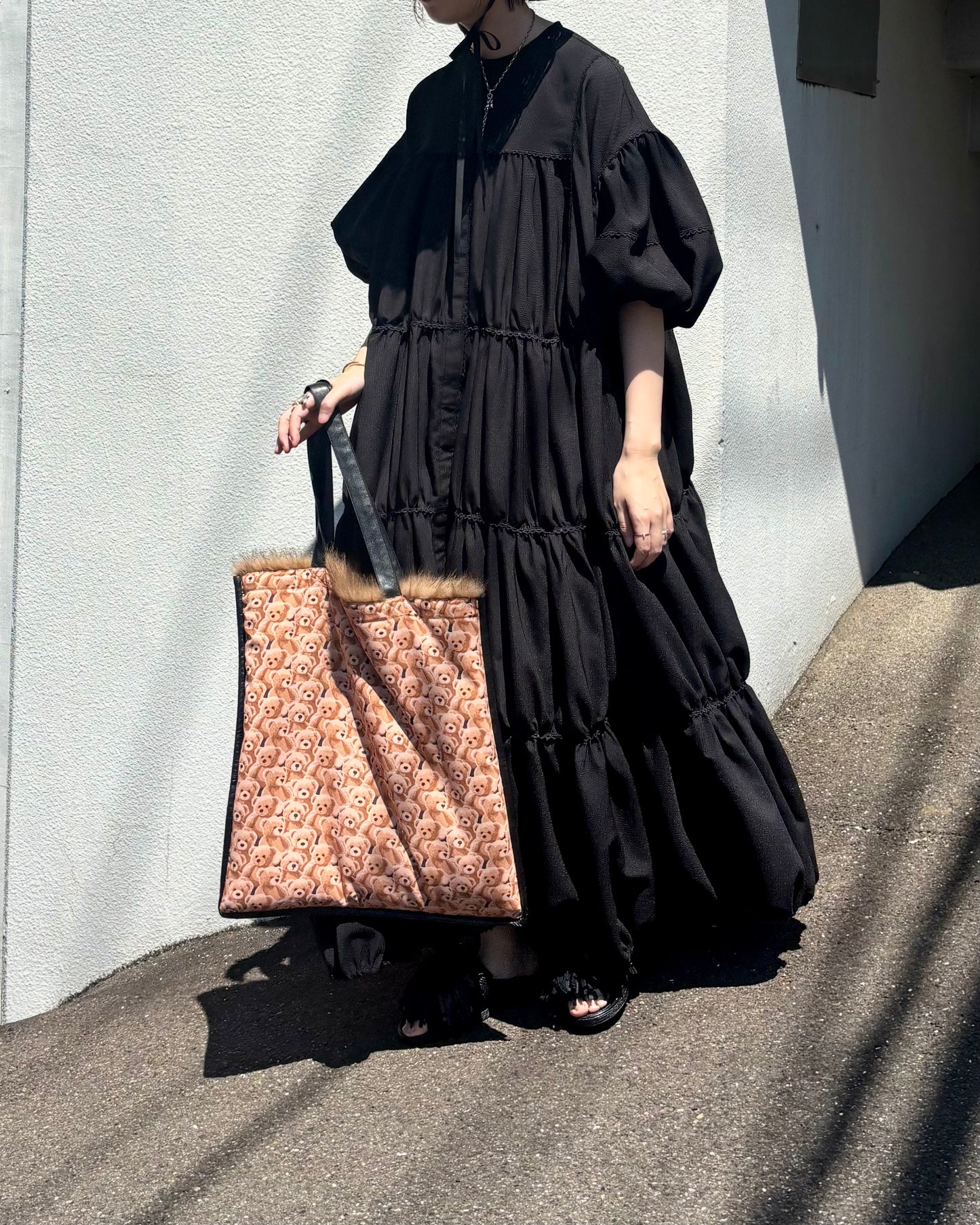 ginghamless patchwork volume onepiece – black