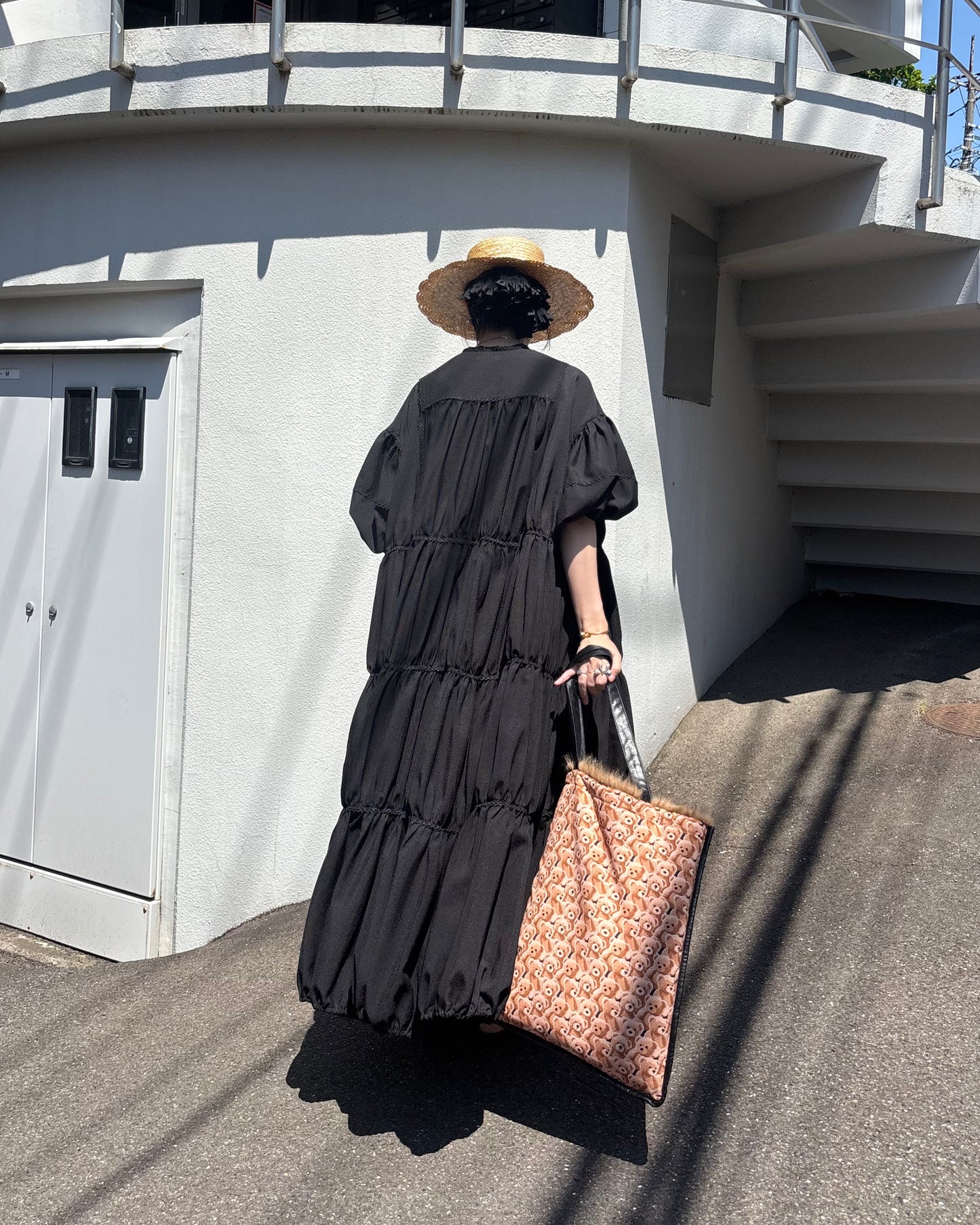 ginghamless patchwork volume onepiece – black