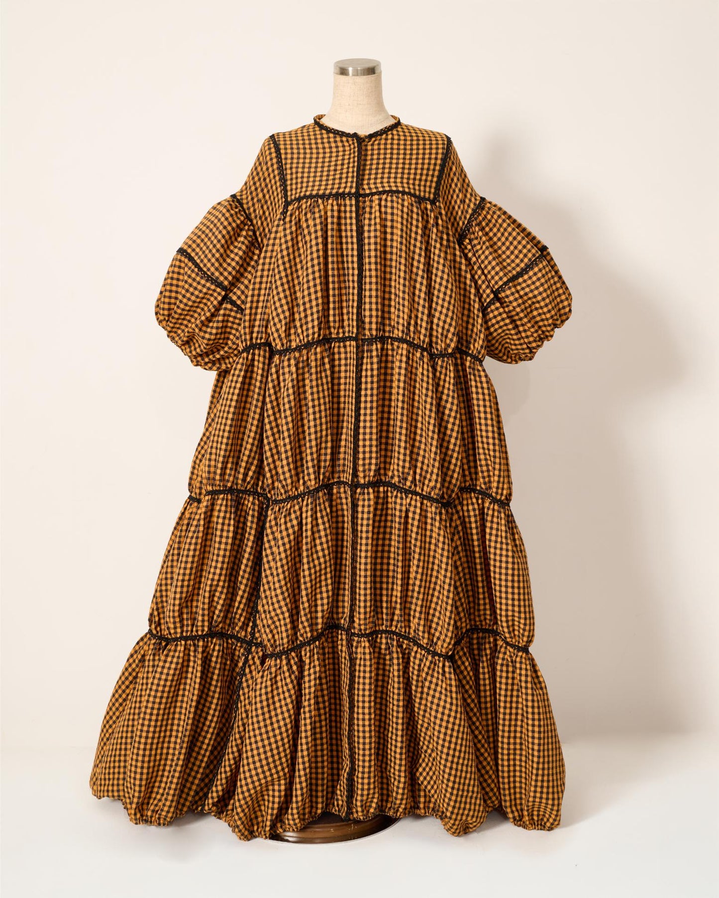 gingham patchwork volume onepiece – orange × black