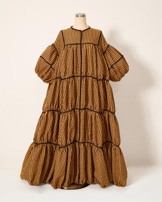 [予約] gingham patchwork volume onepiece – orange × black